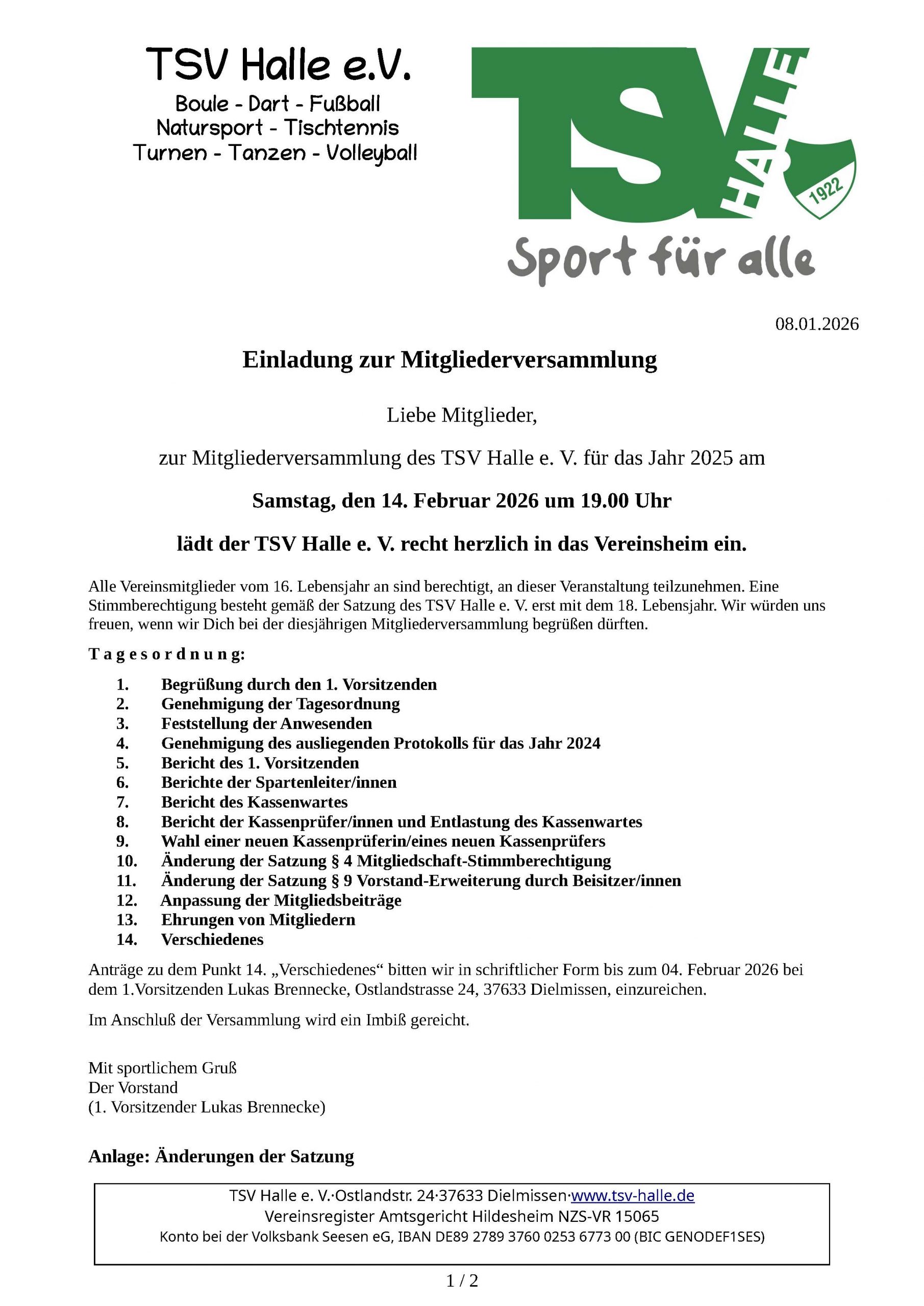 Einladung Jahreshauptversammlung 2026